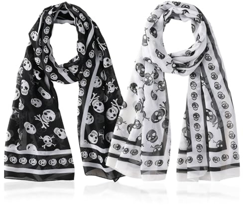 SAIIURV 2 Stück Schädel Skull Schal Stola für Damen Mädchen, 50x150 cm Tuch Damen Chiffon Schals Leichter Halstuch Weicher Schal mit Totenkopf Muster für Festlich Reisen Seidenschal (2 Farben)
