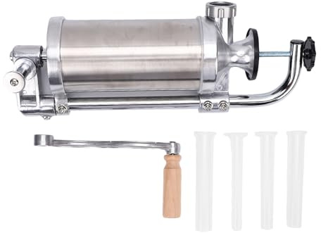 Qcwwy Sausage Stuffer, Manual Sausage Stuffer Maker Stainless Steel Meat Sausage Machine Horizontal Kitchen Stuffing Maker Homemade Sausage Filling Machine with 4 Stuffing Tubes