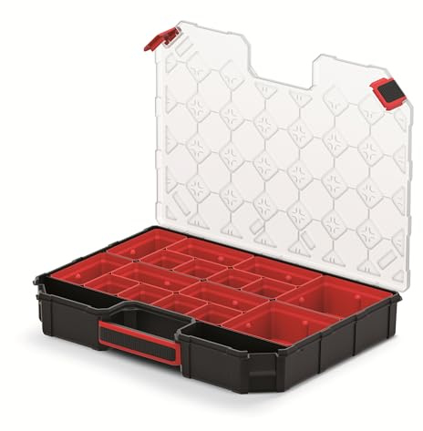 Mivos Caja de almacenamiento 390 x 284 x 60 mm - para objetos pequeños con 12 insertos - Caja para accesorios - Caja para tornillos - Robusta caja de herramientas para taller - Made in EU
