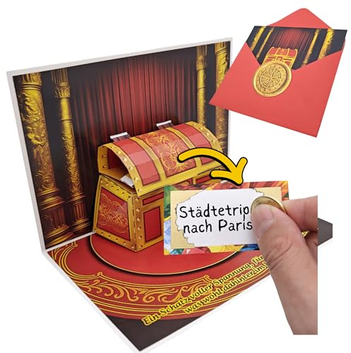 ASVP Shop Gutschein Karte 3D Pop-Up Schatztruhe mit Rubbelkarte – Gutschein zum Selberausfüllen für Geburtstag, Jubiläum, Weihnachten, Muttertag oder besondere Geschenke