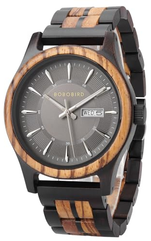 BOBO BIRD Men's Wooden Watch with Quartz Movement Week Date Display Wood Watches 44mm Case for Men (Grey)