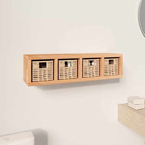 Ziaphsol Estantería de pared con cestas 62 x 18 x 16 cm, madera maciza de nogal, 4 estantes, flotante, para pasillo, oficina, cocina, ahorro de espacio en la pared