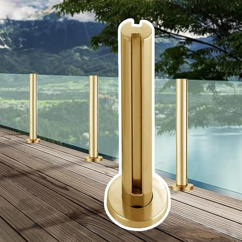 Poteau de balustrade en verre doré – Mât rond réglable de 60 à 150 cm, kit de quincaillerie de balustre en métal pour sols en bois/béton, pince durable pour panneaux de verre, poteau d'extrémité doré