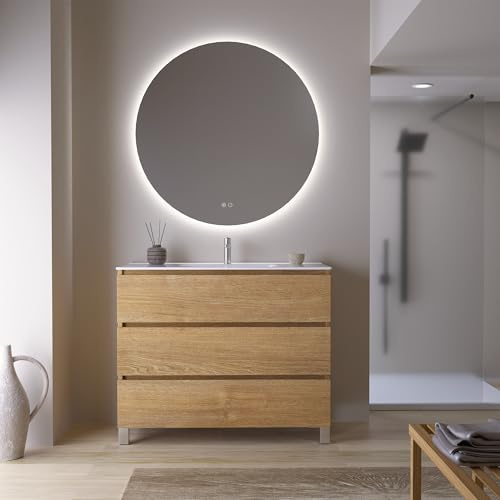 Feel Your Bath Conjunto Mueble de Baño Jaguar 100 cm Marrón Madera, 3 Cajones Soft Close, Patas Negras, Encimera Cerámica Blanco Brillo con Lavabo y Espejo Redondo LED Antivaho, Gran Almacenaje
