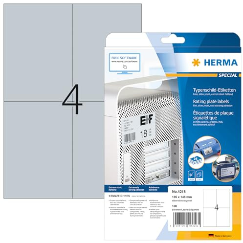 HERMA 4216 Typenschild Folien-Etiketten silber, 25 Blatt, 105 x 148 mm, 4 pro A4 Bogen, 100 Stück, selbstklebend, bedruckbar, wetterfest, blanko Klebeetiketten Aufkleber aus Folie