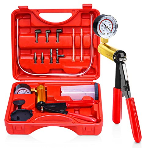 CARSC Hand Held Vacuum Pump Tester Set Vacuum Gauge and Brake Bleeder Kit for Automotive with Adapters Case