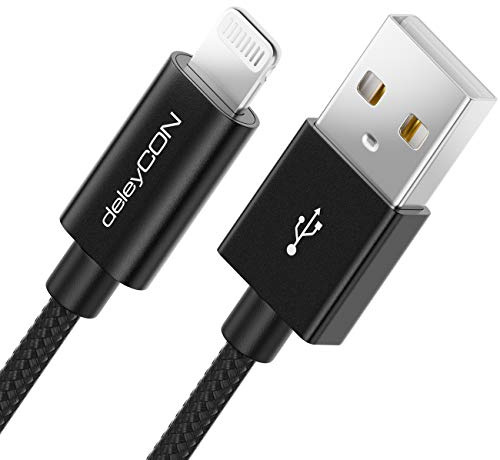 deleyCON 1m Lightning 8 Pin Câble de Charge USB Apple MFI pour iPhone 14 Pro Max 14 Pro 14 Plus 14 SE 13 Pro Max 13 Pro 13 Mini 12 Pro Max 12 Pro 12 Mini Bouchons Métalliques Câble Nylon - Noir