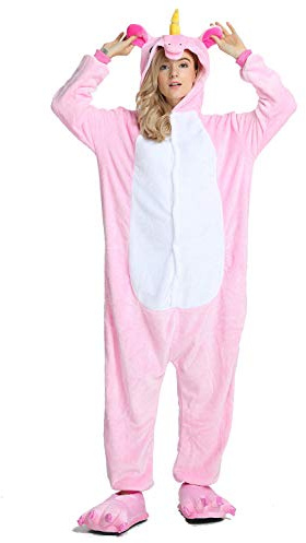 Onesie vuxna pyjamas kvinnor varma nattkläder hemkläder dinosaurie söm enhörning djur tecknad lekdräkt flanell pyjamas overall, Rosa enhörning, L