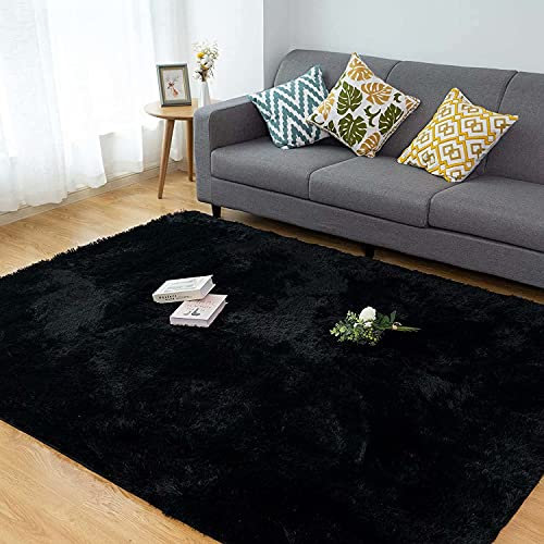 CHOSHOME Teppich Wohnzimmer Super Weich Schlafzimmer Shaggy Flauschiger Teppiche Anti-Rutsch Unterseite Teppich Moderner Shaggy Langflor Teppiche für Flur 120x180CM Schwarz
