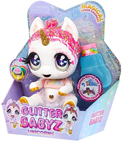 Glitter Babyz MGA Einhorn Baby-Puppe - LUNITA Sky - Mit magischen Farbwechseln, rosa Glitzerhaar, Believe in Yourself Outfit, Windel, Shampoo-Flasche & Schnuller - Für Kinder ab 3 Jahren