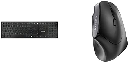 CHERRY KW 9100 Slim, kabellose Tastatur, Deutsches Layout, QWERTZ Tastatur, schwarz-Silber & MW 4500, kabellose Maus, ergonomische Rechtshändermaus im 45° Design, schwarz