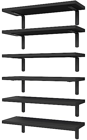 WOPITUES Wood Floating Shelves Set of 6, Shelves for Wall Decor, Farmhouse Shelf for Bedroom, Bathroom Storage Shelves, Book Shelves for Living Room-Black