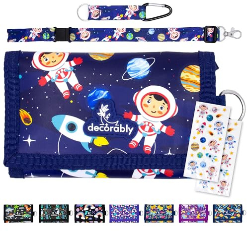 Decorably Trifold Space Boys Wallet for Kids with Lanyards, Multi-Compartment with Zipper Bill and Coin Pockets, Card Slots, ID Window, Info Card and Stickers - for Birthday Gifts, Party Favors