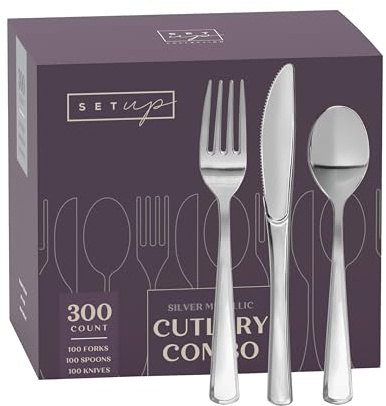 SETUP [300 Count] Disposable Silverware, Silver Combo Cutlery - 100 Forks, 100 Spoons, 100 Knives - Heavy Duty, and Durable Silver Plastic Silverware Set Great for Parties, Events and Everyday use