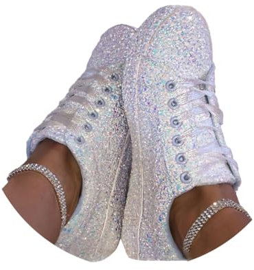 Minetom Freizeitschuhe Damen Pailletten Sneakers Flache Low Sneaker Atmungsaktiv Glitzer Turnschuhe Outdoor Sportschuhe Laufschuhe Schuhe Schnürsenkel Walkingschuhe A Weiß 39 EU