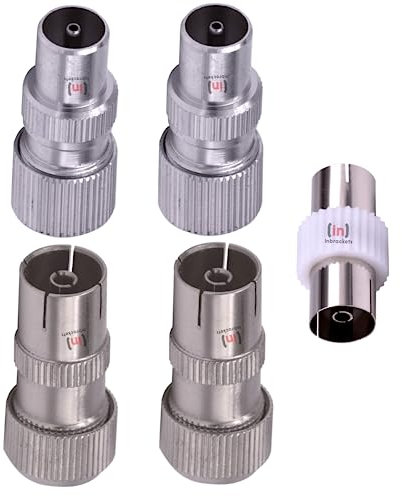 Inbrackets Tv Aerial Coaxial Cable Connector Set - 2 Female Aerial Connector 2 Male TV Aerial Connectors Plus Female Coupler Adapter - Coaxial RF Cable Plug Kit UK Specification (5-Piece)