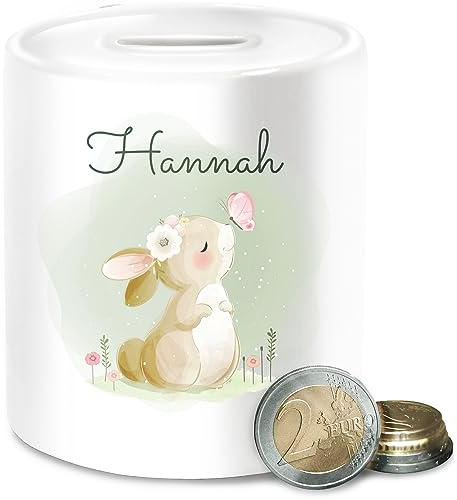 Spardose - Süßer Hase mit Name personalisiert I Hasen Geschenk Bunny I Rabbit I Kaninchen - Unisize - Weiß - kinderspardose personalisierte Geschenke Kinder hasenmotiv Ostern Keramik mädchen