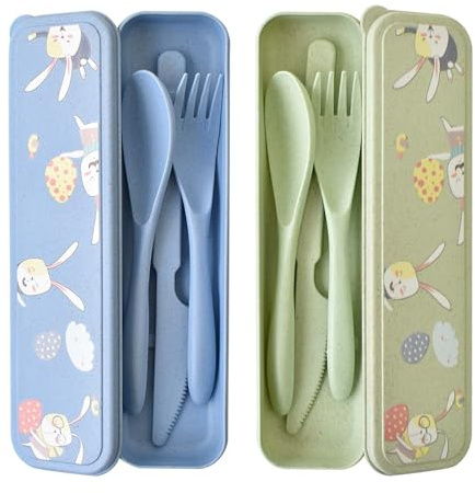 2 Juegos Cubiertos Camping - Cuchillos, Tenedores, Cucharas y Palillos, Reutilizable Porta Cubiertos para Llevar Al Trabajo, Acampada, Viajar, Cubiertos para Llevar ( Azul Claro + Verde Claro )