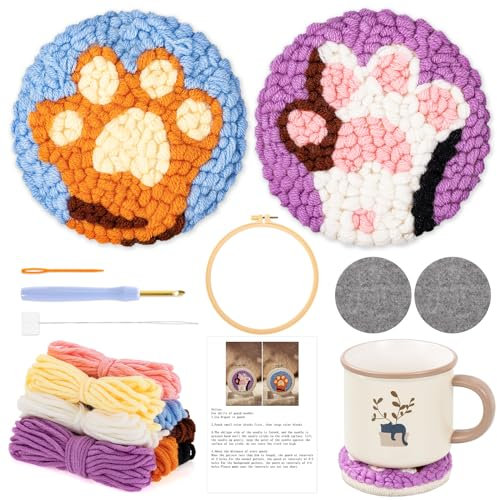JSRQT 2 Pieces Punch Needle Coaster Kits, Rug Hooking Cross Stitch Beginner Kits for Adults with Cat Claw Pattern, DIY Craft Punch Needle Embroidery Starter Kit Coasters for Drinking Cup, Home Decor