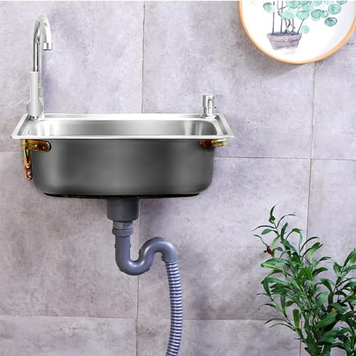 Lavello in Acciaio Inox,a parete Lavabo Cucina 1 Vasca Lavandino Commerciale con Rubinetto Lavamani industriale Kitchen Sink Professionale per Cucina, Ristorante, Bar, Interno e Esterno