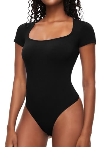 COMFREE Body Damen Bodysuit Elegant Kurzarm Top Eckiger Ausschnitt Damenbody Sommer Oberteil T-shirts Bodys Schwarz XL