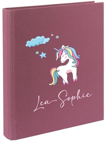 minimutz Zeugnismappe Kinder mit Name personalisiert - Dokumentenmappe Einhorn für Mädchen - Zeugnisordner Leinen zum Einsortieren (beere)
