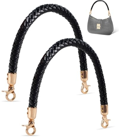 MEGAVOW 2 st Utbytbara Väskremmar med Flätat Handtag, Handväskremmar i PU-läder, Axelrem med Metallkrok, DIY-tillbehör för Väskor, Svart, 40 cm