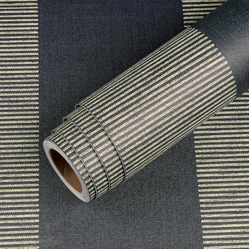 Livelynine Fabric Striped Wallpaper Peel and Stick Black and Gold Linen Cloth Self Adhesive Wallpaper for Bedroom Bathroom Waterproof 17.5x78.8inch Fabric Contact Paper for Furniture Cubicle Walls