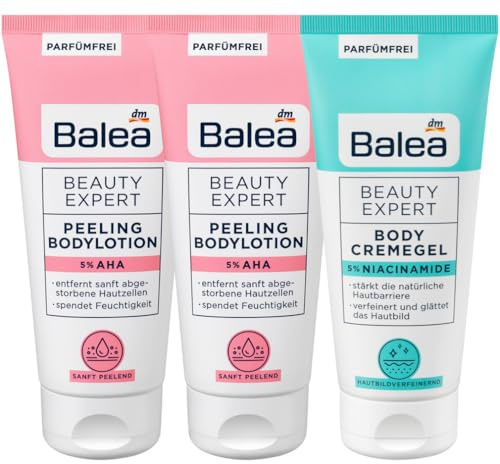 2x Balea Peeling Lotion Beauty Expert 5% AHA + Body Cremegel 5% Niacinamide | Bodylotion mit Peeling-Effekt bei Reibeisenhaut, feuchtigkeitsspendend, parfümfrei, 2 x 200ml + Körperlotion Creme Gel, 200ml
