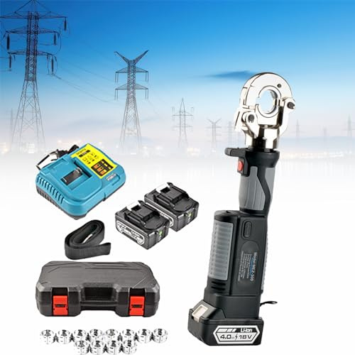 Rechargeable Hydraulic Crimping Pliers, Hydraulic Cable Lug Crimping Tool,Mold Range 10-300mm2,with 12 Dies and 2 Pcs 4.0Ah Lithium Batteries,for Terminating Copper/Aluminum Lugs Terminals