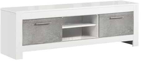 AltoBuy Denae - Meuble TV 2 Portes L160cm Laqué Blanc Brillant et Gris Marbré
