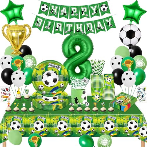 Fotboll födelsedag dekoration 8 år, fotboll festservis set, födelsedagsdekoration 8 år pojke, fotboll ballonger papperstallrik koppar servetter bordsduk för fest barns födelsedag dekoration 16 gäster