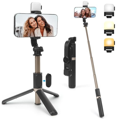 OWiil Phone Holder with Light，75cm Extendable Travel Tripod with Bluetooth Remote for IPhone Extra Long Bluetooth Selfie Stick Bluetooth for Iphone Samsung, Huawei and More