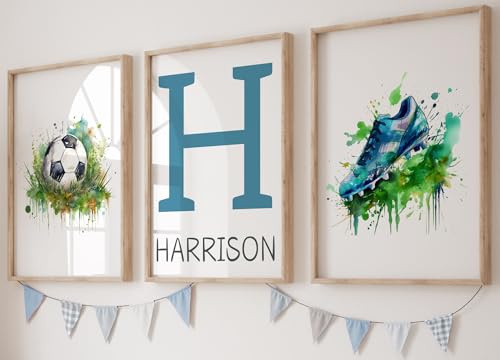 Personalised Football Set of 3 Unframed Poster Prints For Boy Girl Bedroom, Football Boots and Ball, Green Watercolour Splash, Personalise Name Red Blue Green (A4)