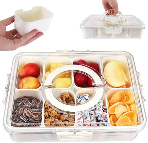 Snackbox mit Fächern Snackteller Snackschale mit Deckel Snack Aufbewahrungsbox mit Griff Rechteckig Schalen Platte für Veggie Früchte Gewürze Süßigkeiten Nüsse Keks Snacks Desserts Vorspeisentablett