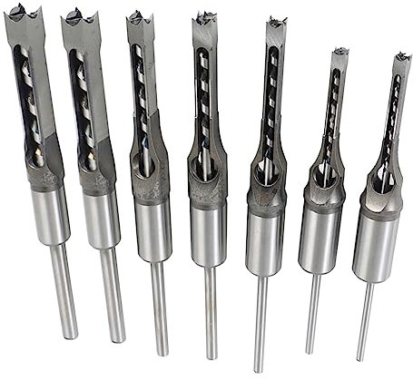 QZHDX 7-teiliges Vierkantbohrer-Set mit rundem Griff, Lochsäge und Zapfenmeißel-Set für die Holzbearbeitung, Bohrergrößen 9/16 Zoll, 1/2 Zoll, 2/5 Zoll, 3/8 Zoll, 5/16 Zoll, 1/4 Zoll, 6/25 Zoll
