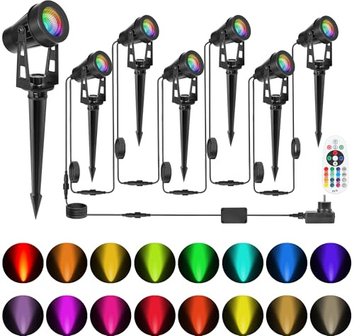 HUAEU RGB LED trädgårdsbelysning, 18 W set om 6 st trädgårdsstrålkastare med markspett, IP65 vattentät, 16 färger, utomhusbelysning för trädgård, gård, fest, träd, trädgård kabelkontakt