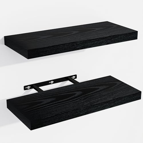 Venusmiles Schweberegale für die Wand, Wandregale mit unsichtbaren Halterungen, 2 kleine schwebende Wandregale aus Holz für Wohnzimmer, Schlafzimmer, Küche, Bad (schwarz, 38,1 cm B x 15,2 cm T x 2,5