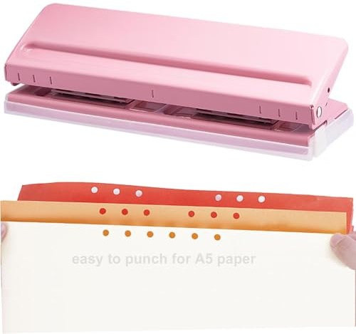 Kongming Hålslag med 6 hål rosa metall justerbara avstånd binder puncher med 8 ark stanskapacitet för A3 A4 A5 A6 B3 B4 B5 B6 B7 storlek 6 ringpärmsdagsplanerare stambok