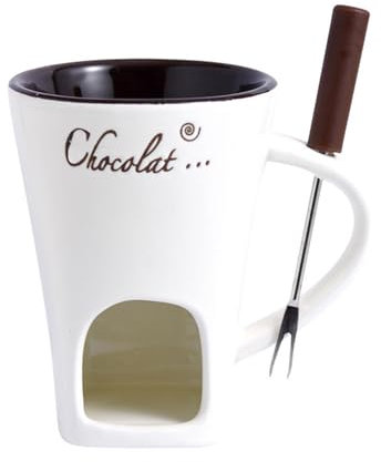 Porcelain Chocolate Fondue Mug Set - Ceramic Chocolate Cheese Butter Melting Cup Warmer Mug, 200ml Ceramic Chocolate Fondue Cup Set with 1 Fork, for Candy Snack Caramel Party (White)