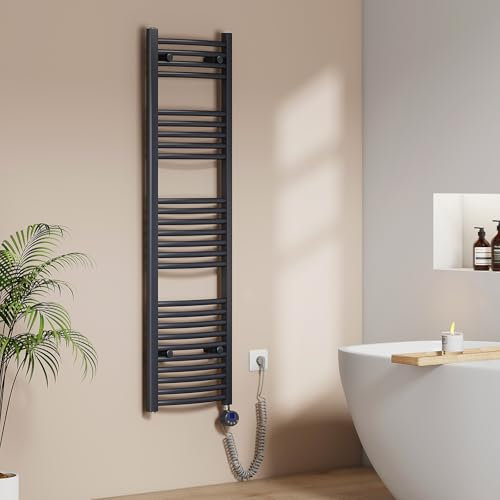 EMKE Scaldasalviette Elettrico per Bagno 140 x 40 cm, Radiatore Curvato con WIFI Termostato, Scaldasalviette Elettrico, Supporto Porta-Asciugamani, Antracite, 500 Watt