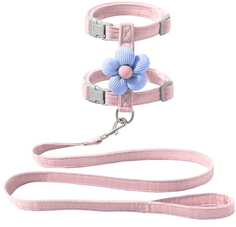 SHINROAD Haustiergeschirr für Katzen, Katzenleine, verstellbares Set, atmungsaktives Netzgewebe mit Blumendekor, leicht, bequem, tägliche Spaziergänge, ausbruchsicheres Halsband, Größe S bis Rosa