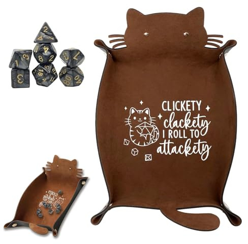 1 Stück Würfeltablett Mit Katzenmotiv und 7 Stück Würfel | Samt & Leder Dice Tray für DND, RPG & Brettspiele | Würfelteller mit Metallknöpfen | Würfelbrett