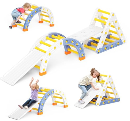 Struttura per arrampicata per bambini, palestra da gioco per interni ed esterni 10 in 1 con assi per arrampicata/scivolo, certificata EN71, carico 50 kg (Beige grigio)