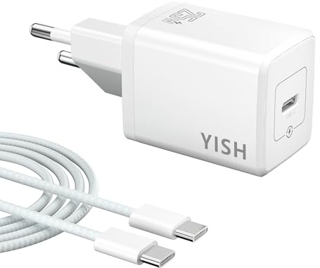 YISH 25W Chargeur USB C Rapide：PD3.0 Prise USB C Chargeur Rapide Compatible avec Smartphone Adaptateur Type C Mural Alimentation Embout Secteur, et 1M 60W Cable C vers C