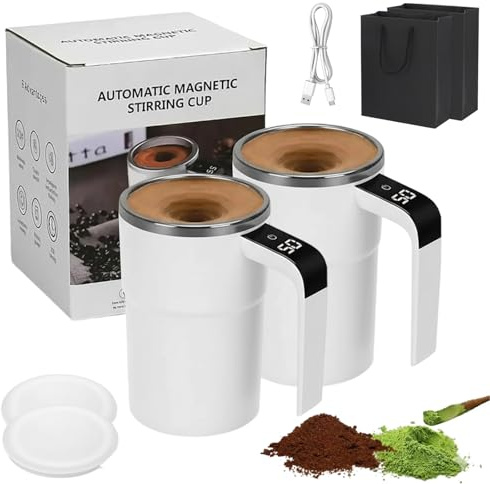 380ml Selbstrührende Tasse Mit Deckel, Selbstrührende Magnetische Kaffeetasse mit Temperaturanzeige, Wiederaufladbarer Self Stirring Mug für Kaffee, Tee, Milch,Heiße Schokolade, Sirup (2PCS-A)