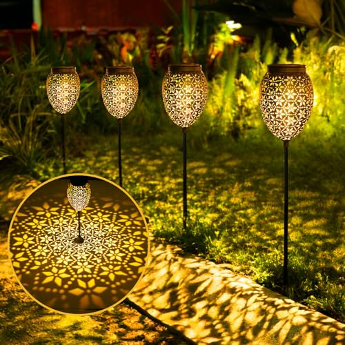 Görvitor Metall Solarlampen für Außen Garten 4 Stück, Orientalische Solarleuchten für Außen IP65 Wasserdicht, Retro Solar Gartenleuchten für Außen für Terrasse Rasen Patio Geschenk (Schwarz)