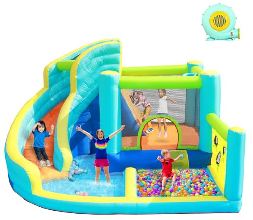 Parque acuático inflable de castillo inflable con tobogán, pulverizador, trampolín, piscina de chapoteo, pared de escalada y aro de baloncesto, incluye soplador de aire, casa de rebote al aire libre