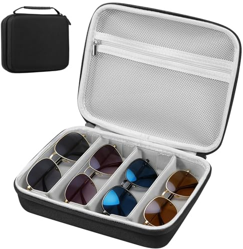 Eyoulife Brillenbox für Mehrere Brillen Hardcase EVA Brillenetui für 4 Brillen Tragbare Brillenaufbewahrung mit Einstellbare Fächer Integrierte Netztasche für Reisen Sonnenbrillen Uhren Schmuck