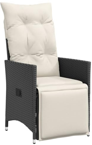 QJBSAVVA Gartensessel Verstellbar mit Kissen Schwarz Poly Rattan Gartenstuhl mit Liegefunktion Relaxsessel für Garten Terrasse und Balkon Bequemer Korbsessel mit Fußstütze